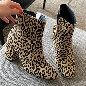Halogen faux calfskin leopard cheetah ankle boot heels